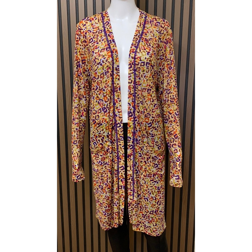 LOGO Lori Goldstein Womens Large Leopard Print Open Front Cardigan Purple Lace
